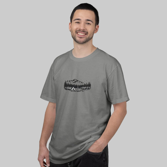 Mountain Lake Camp T-Shirt — Minimal Outdoor Nature Graphic