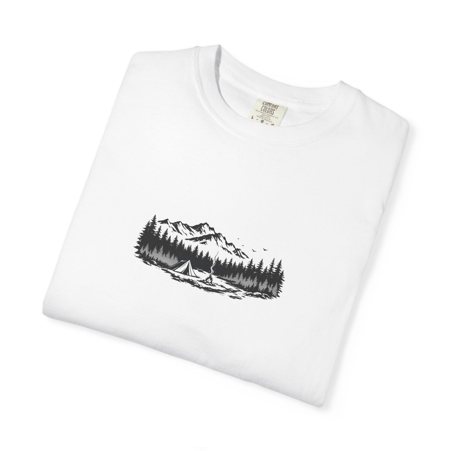 Mountain Lake Camp T-Shirt — Minimal Outdoor Nature Graphic