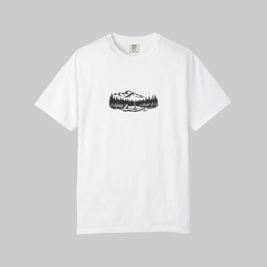 Mountain Lake Camp T-Shirt — Minimal Outdoor Nature Graphic